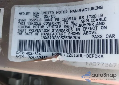 2005 Toyota Corolla Ce from USA, damaged, VIN 1NXBR32E05Z536208